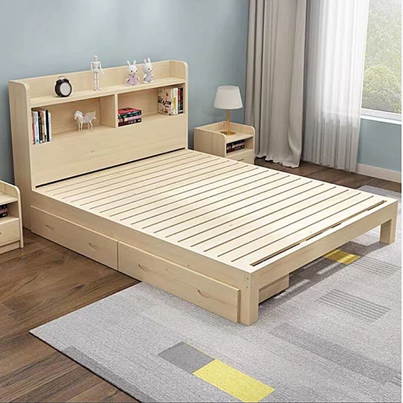 CraftThink Solid Wood Bed Frame, Nordic Solid Drawer Bed with Wood Bookcase Headboard for Bedroom Boys Girls, No Box Spring Needed, Full XL: 53" W x 86" Lx 37.5" H (Single Bed)