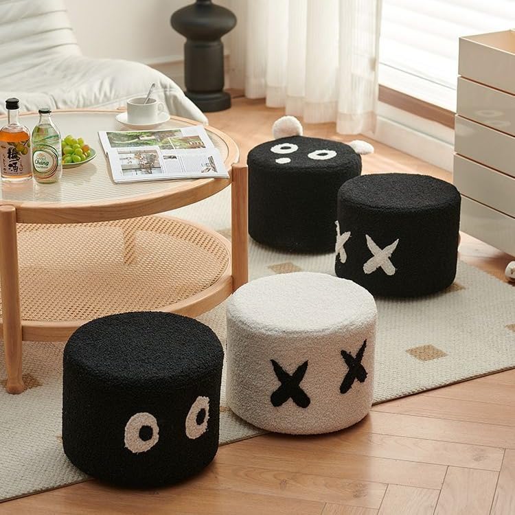 Lumosky Cute Round Stool Ottoman, Home Lamb Plush Living Room Cartoon Cute, Entrance Shoe-Changing Cream Stool,Living Room,Bedroom,Balcony Game,Desk,Playing Room (Black Eyes)