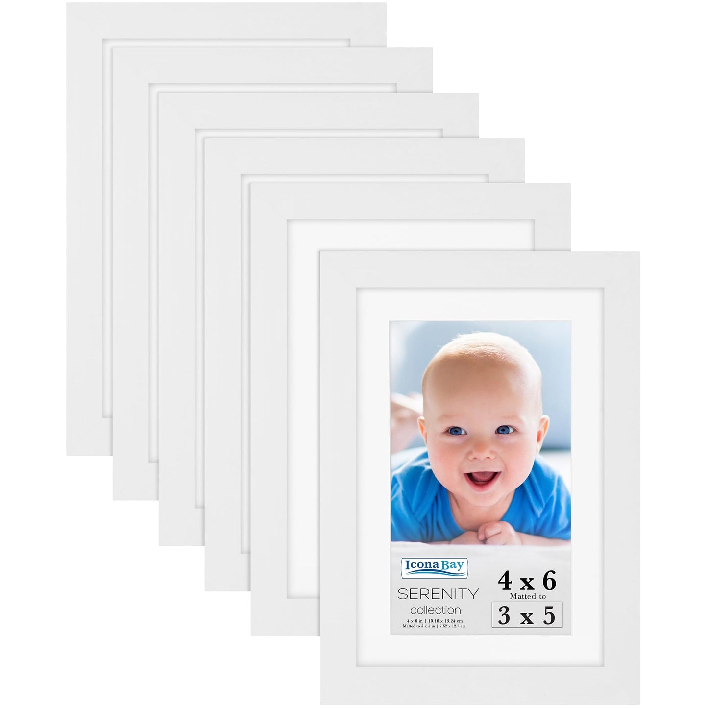 Icona Bay 4x6 Picture Frames w/Removable Mat for 3x5 Photos (White, 6 Pack), Sleek Modern Style Frames, Table Top or Wall Mount, Serenity Collection