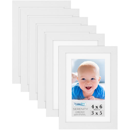 Icona Bay 4x6 Picture Frames w/Removable Mat for 3x5 Photos (White, 6 Pack), Sleek Modern Style Frames, Table Top or Wall Mount, Serenity Collection