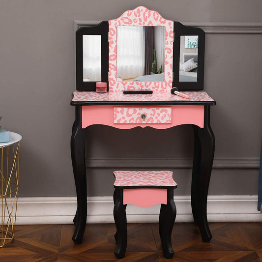 Kids Vanity Table and Chair Set, Girls Vanity Set with Mirror and Stool, Tri-Folding Mirror, Makeup Dressing Princess Table with Drawer, Kids Vanity Set with Mirror (Black & Pink)