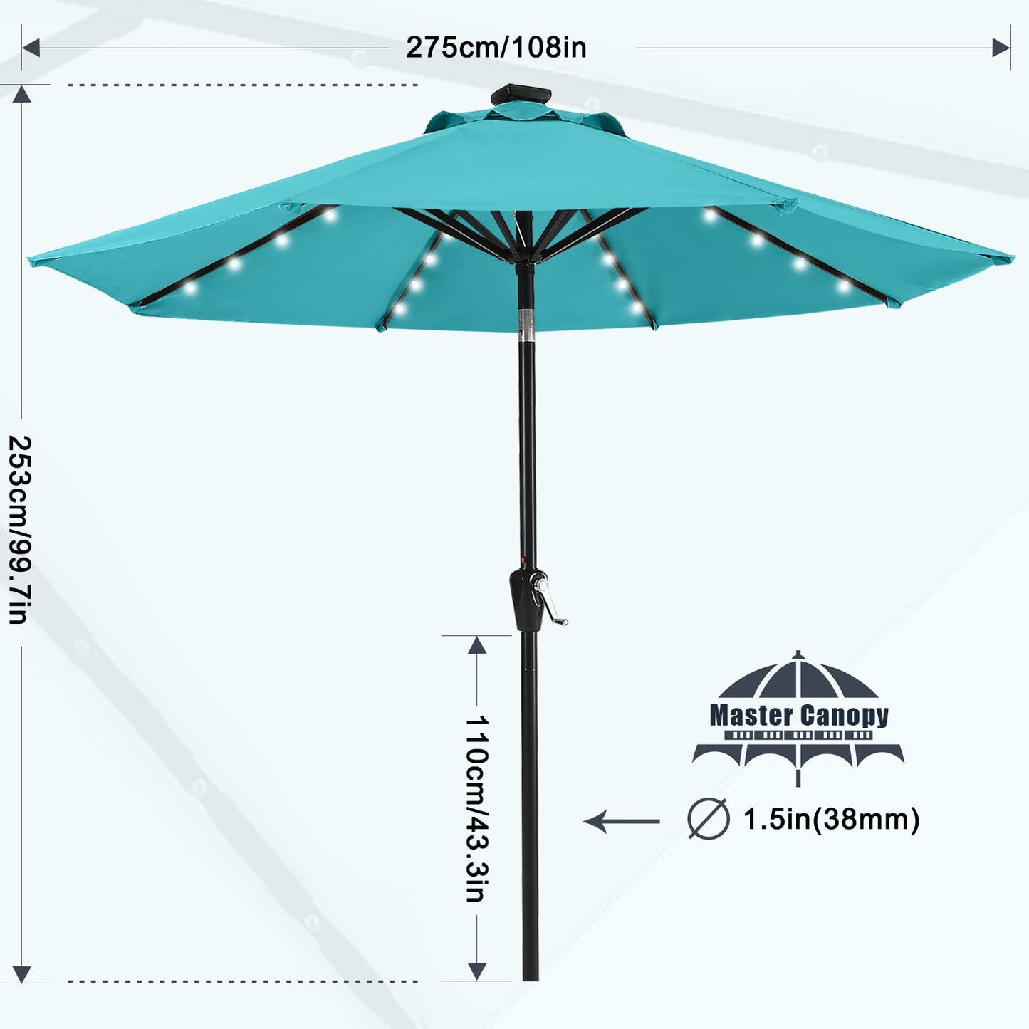 MASTERCANOPY Patio Umbrella with 32 Solar LED Lights -8 Ribs (9ft,Turquoise)