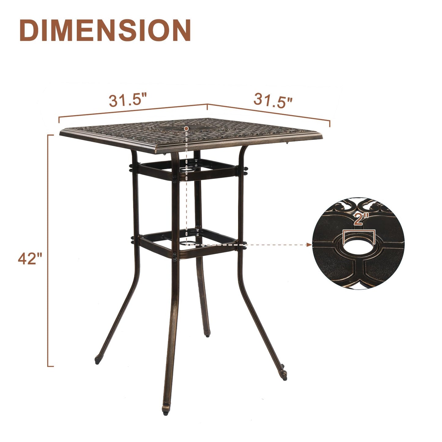 VINGLI Cast Aluminum Patio Bar Table, 42" Height High Top Outdoor Bar Table with Umbrella Hole, Pub Height Bistro Square Table for Paito Lawn Garden