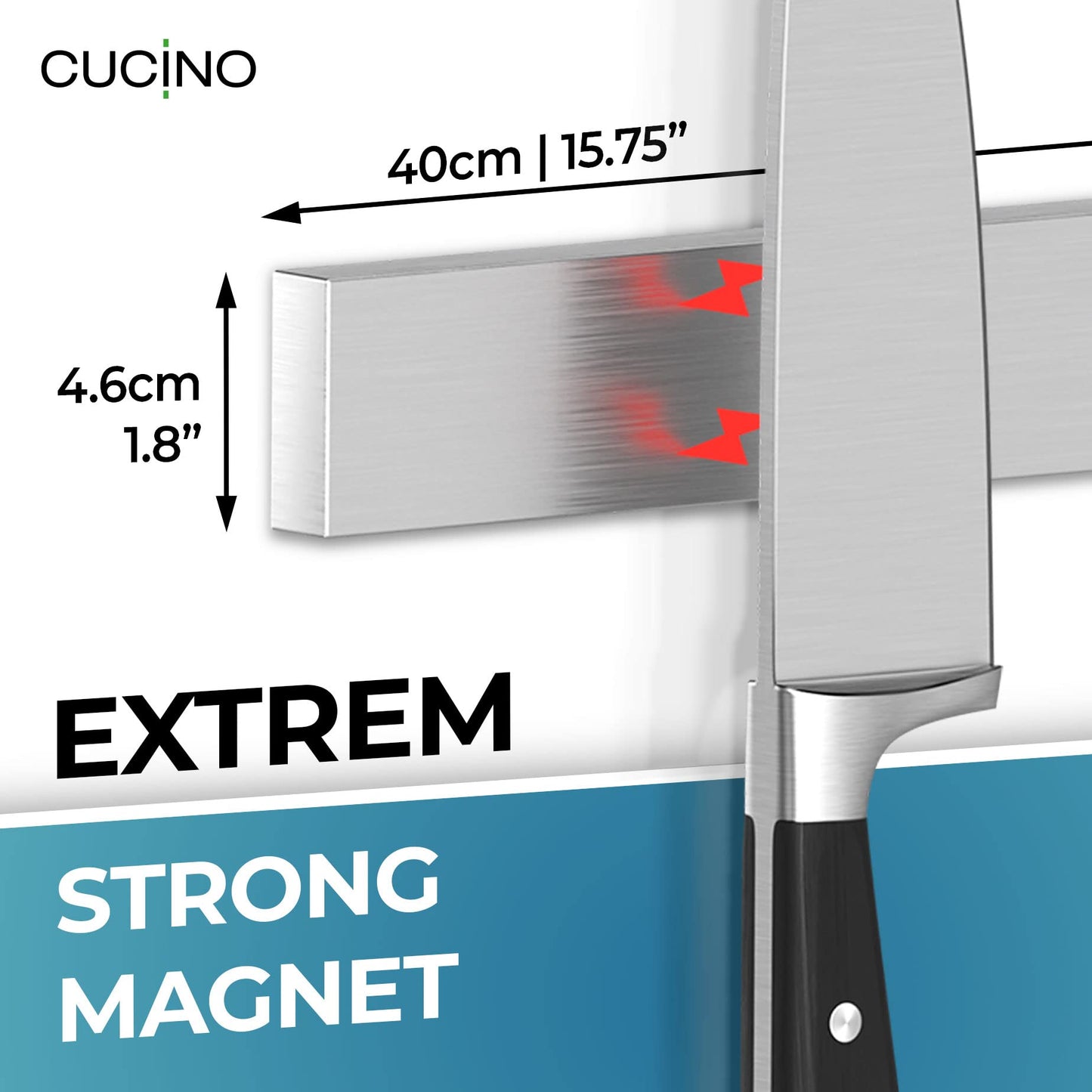 CUCINO Magnetic Knife Holder for Wall 16" No Drilling incl. Self Adhesive Tape - Extra strong Knife Holder - Awarded Knife Magnetic Strip - Made of Stainless Steel