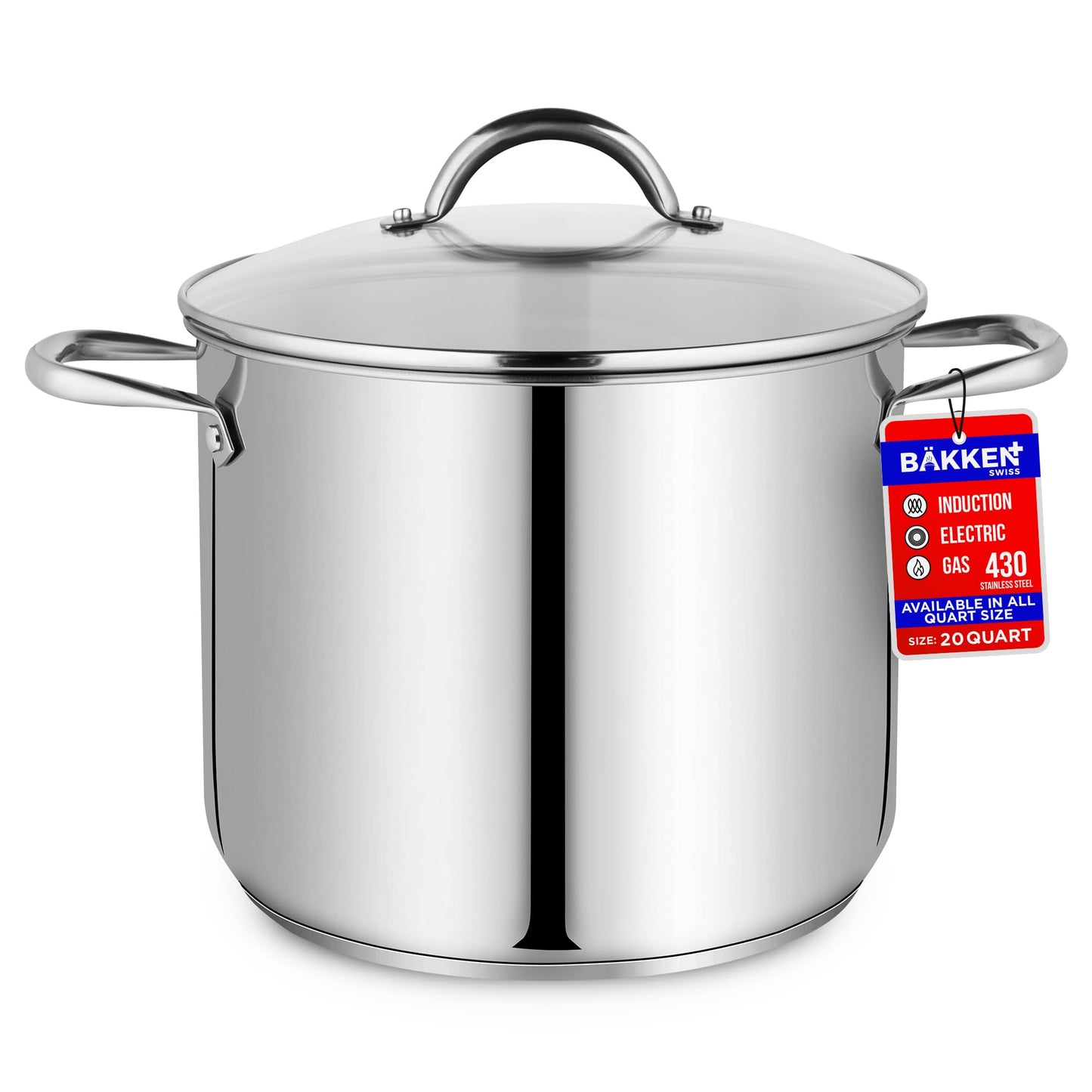 Bakken-Swiss Deluxe 20-Quart Stainless Steel Stockpot w/Tempered Glass See-Through Lid - Simmering Delicious Soups Stews & Induction Cooking - Exceptional Heat Distribution - Heavy-Duty & Food-Grade