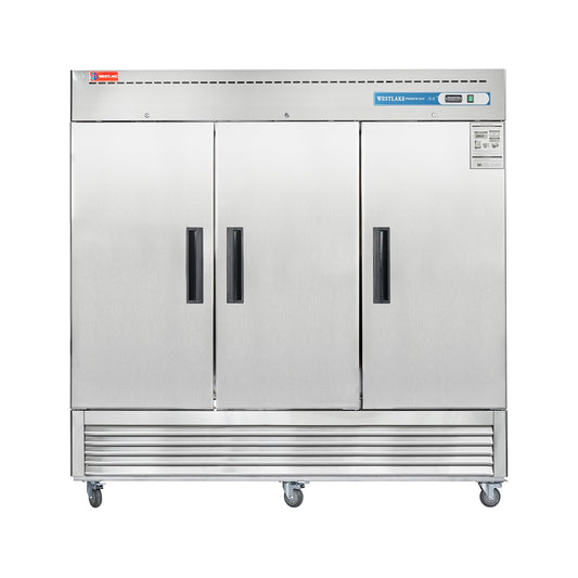 WESTLAKE Commercial Freezer 82"W 3 Door 3 Section Stainless Steel Reach-in Solid Door Upright Fan Cooling 72 Cu.ft Freezer for Restaurant, Bar, Shop, etc