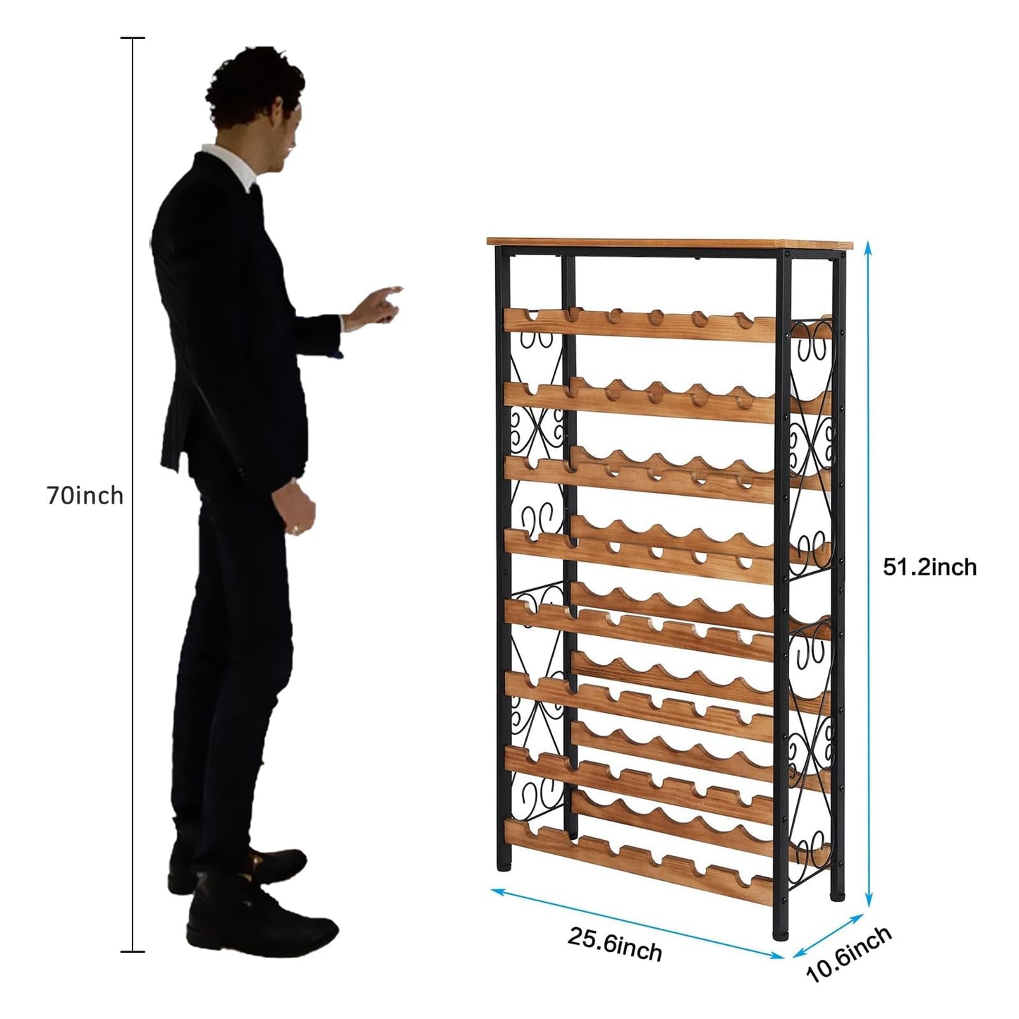 48 Bottles Floor Wine Rack with Wood Top, Freestanding Wine Bottle Organizer Shelf, Wobble-Free 8 Tier Wine Display Storage Stand for Kitchen Pantry, 25.2''L x 10.7''W x 47.2''H