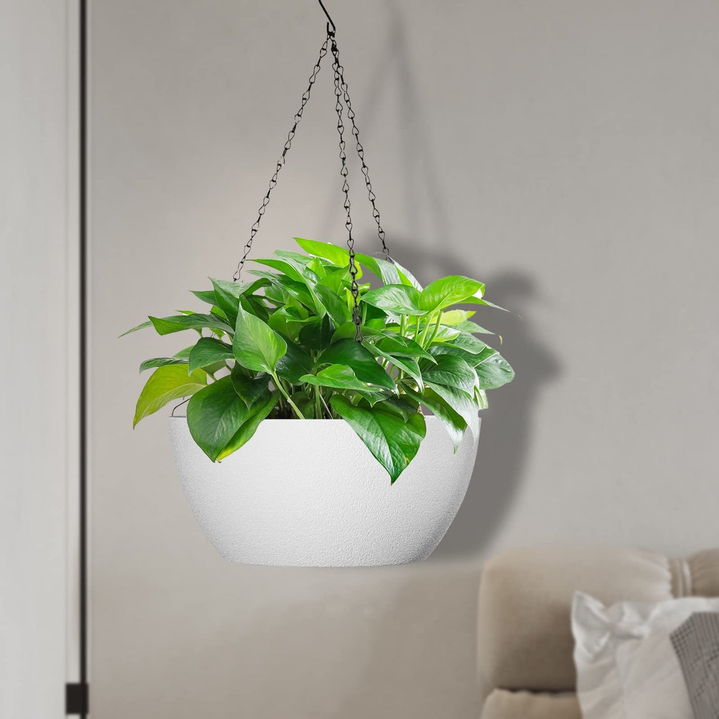 13 inch Large Hanging Planters Plant Pots for Outdoor Indoor Plants with Drainage Holes and Chain, 2 Pack Round Hanging Flower Pots for Garden Home Porch Decor, White