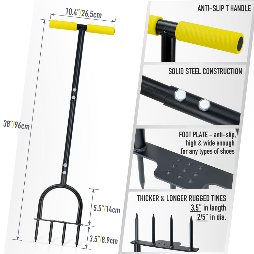 Colwelt Lawn Aerator Tool 38inch, Heavy Duty Grass Spike Aerator for Compacted Soil Aeration, Manual Lawn Air Aerators Tool with,Wide Foot Plate, Rugged Steel Spikes 3.5’’ in Length, 2/5’’ in Dia.