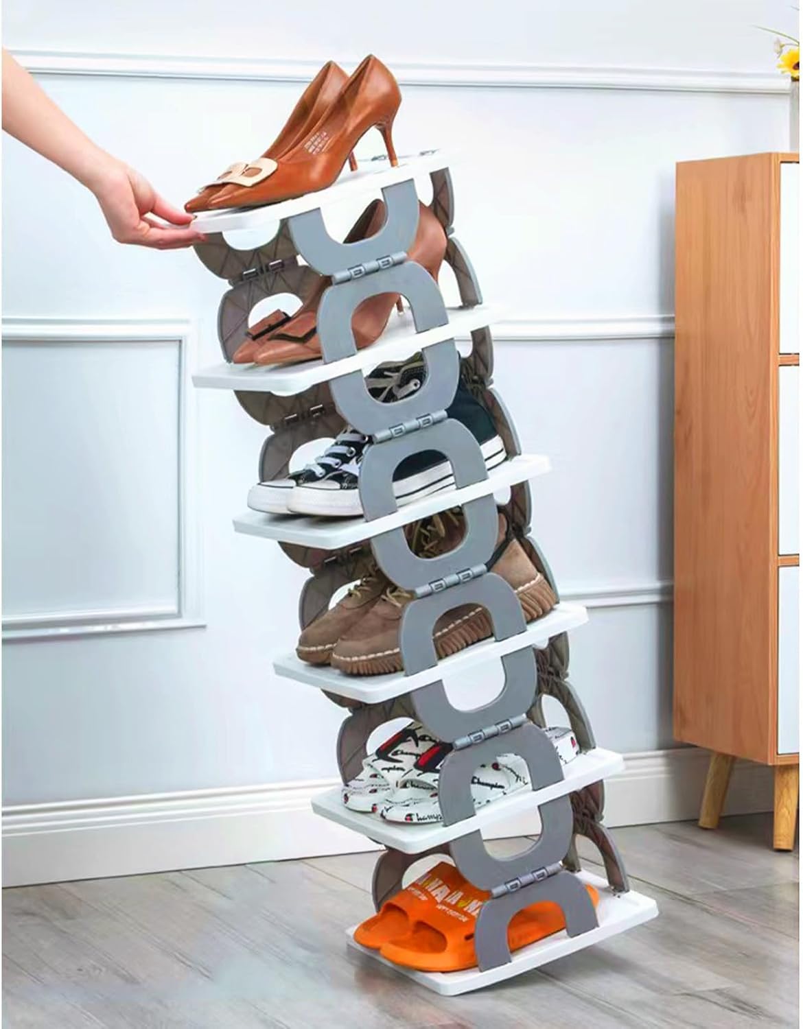 6-Tier Simple Vertical Shoe Organizer, Foldable Shoe Rack without Assembly, Flexible Narrow Shoe Rack K-Shape Collapsible Shoe Tower, Corner Shoe Rack, Easy Assembly and Stable in Structure