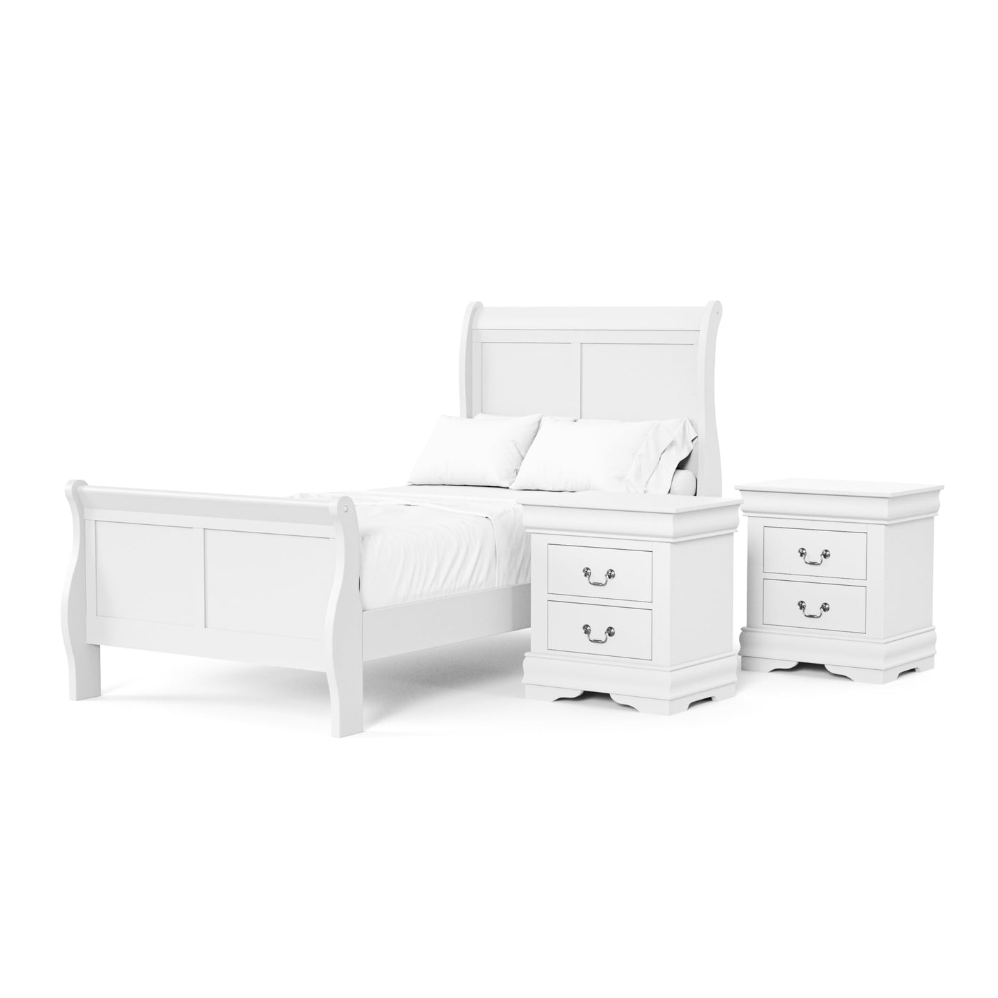 Furniture of America Louis Phillipe Traditional Solid Wood 3 Piece Bedroom Set, Twin Bed Frame and Nightstands Set of 2, Chic Sleigh Bedframe with Headboard and Footboard, Box Spring Needed, White