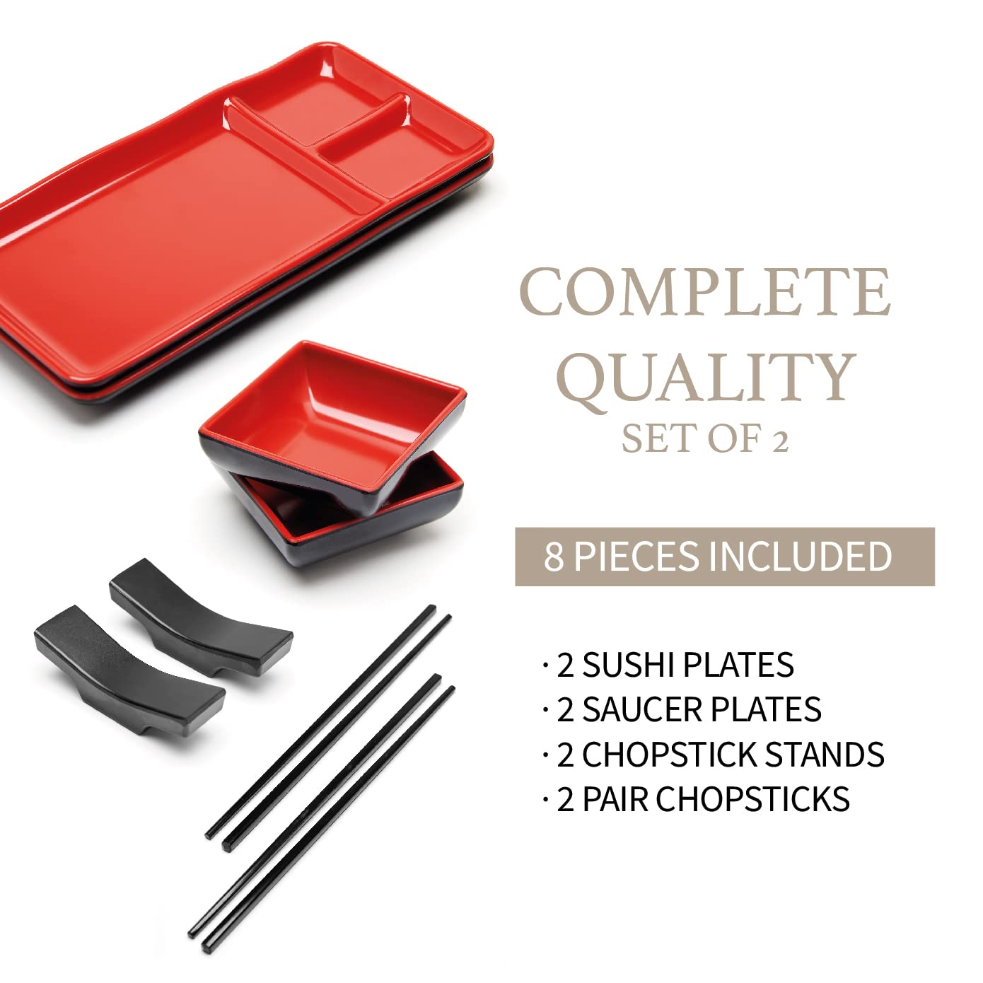 Goliber 8 Piece Japanese Style Sushi Plate Dinnerware Set - Includes 2 Sushi Plates, 2 Sauce Dishes, 2 Pairs of Chopsticks, 2 Chopsticks Holders (Red)