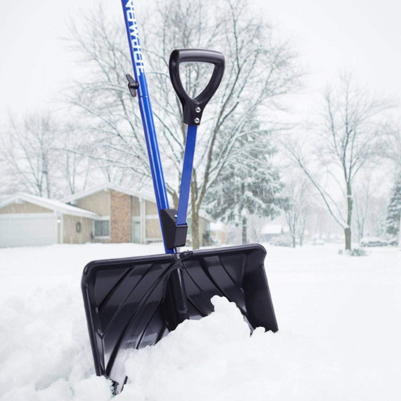 Snow Joe Shovelution Strain-Reducing Snow Shovel w/Spring Assisted Handle, Blue (18-Inch, Original)