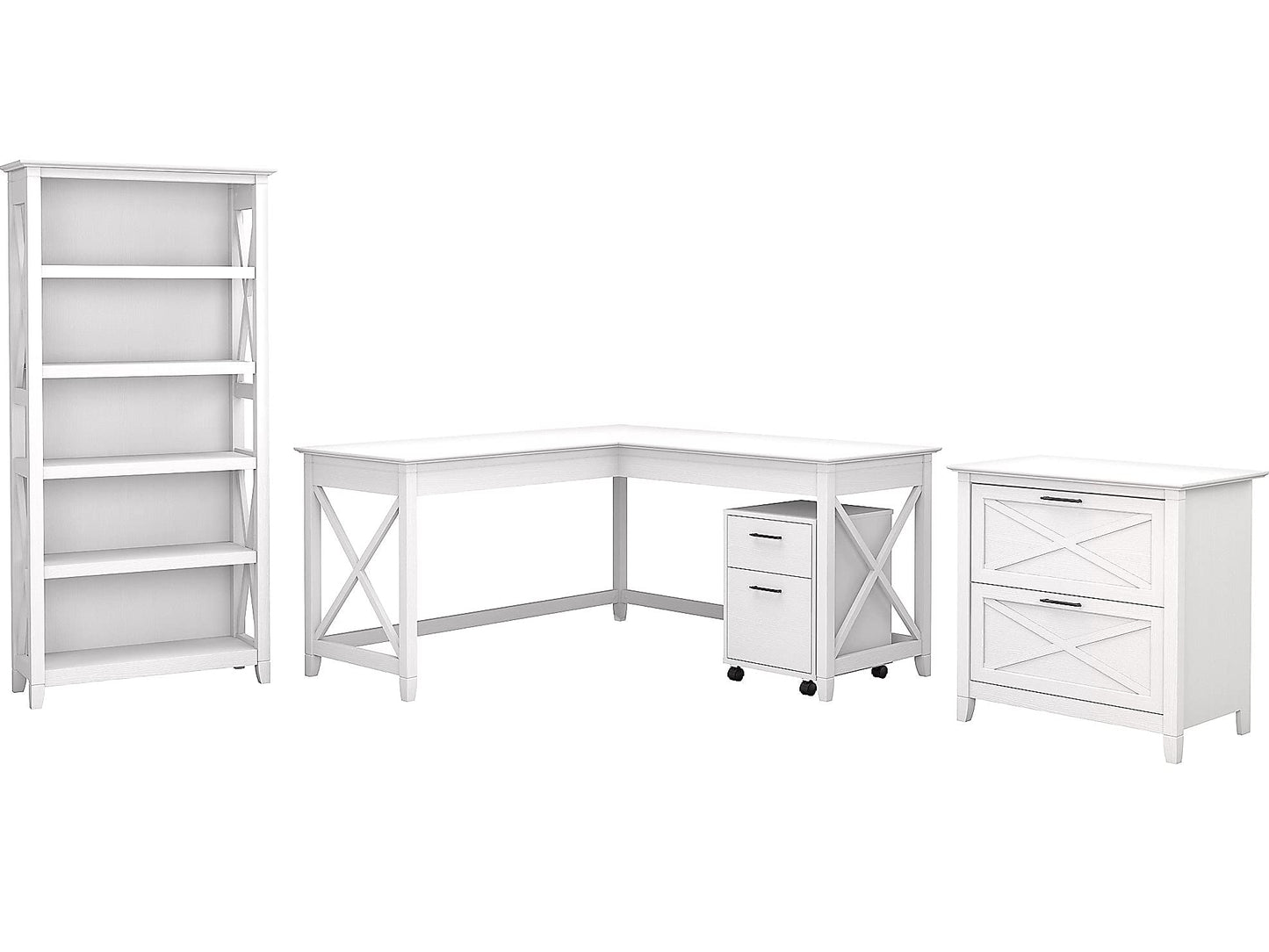 Bush Furniture Key West 60W L Shaped Desk with File Cabinets and 5 Shelf Bookcase in Pure White Oak