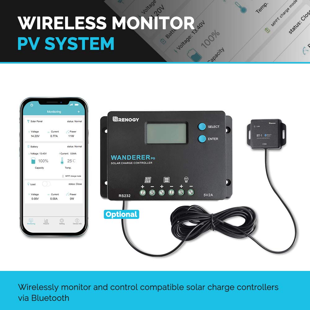 Renogy 10A 12V/24V PWM Postive Ground Solar Charge Controller Regulator Compact Design w/ LCD Display for Deep Cycle Sealed, Gel, and Flooded Battery, Wanderer PG 10A,Black