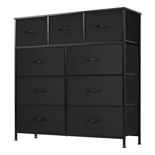 DUMOS Dresser for Bedroom with 9 Drawers, Clothes Drawer Fabric Closet Organizer, Cloth Dresser with Metal Frame and Wood Tabletop Chest Storage Tower for Kids Room, Nursery, Living Room, Entryway