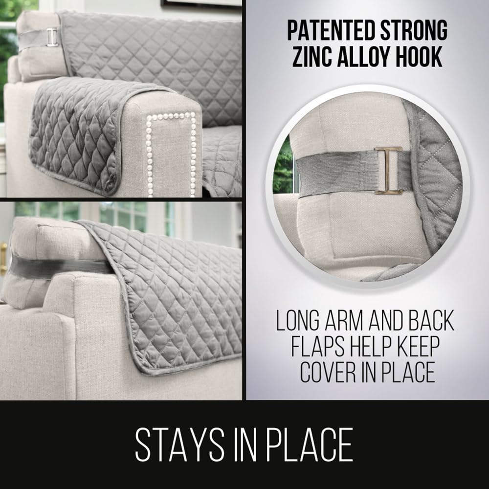 Sofa Shield Chair Slip Cover with Patented Strap, Cushion Protector, Reversible Stain and Dog Tear Resistant Slipcover, Quilted Microfiber 23” Seat, Washable Covers, Dogs Pets Kids Light Gray Charcoal