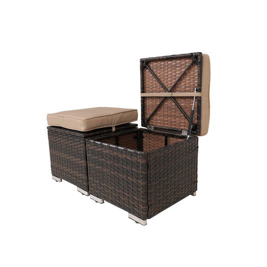 Y Enjoy 2-Pieces Outside Rattan Ottomans，Multipurpose Outdoor Furniture for Patio, Backyard, Additional Seating, Footrest, Side Table w/Storage, Removable Cushions