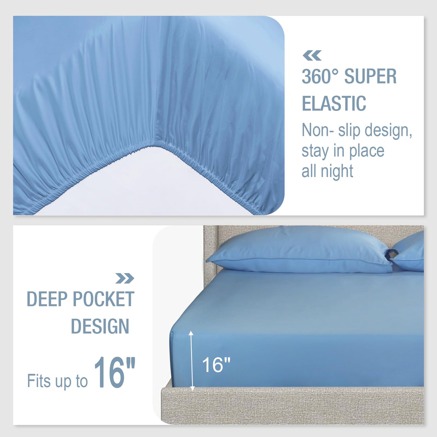 IKIFLY Queen Sheet Set 4 Piece, 16” Deep Pocket, Ultra Soft & Luxuriously Cooling for Hot Sleepers, Breathable Silky Bedding Sheets & Pillowcases, Light Blue