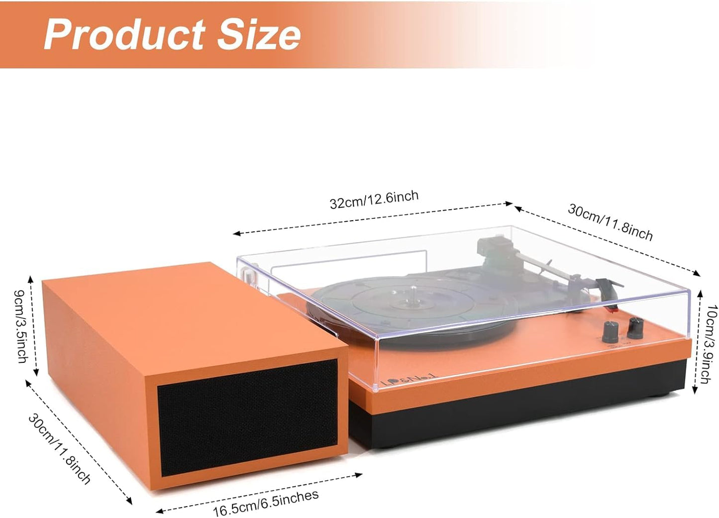 Vinyl Record Player, Vinyl Turntables with Dual Stereo Bookshelf External Speakers, Adjustable 3-Speed Belt-Drive Turntable, LP Player with RCA, Auto Stop,(Orange Leather Wrapped)