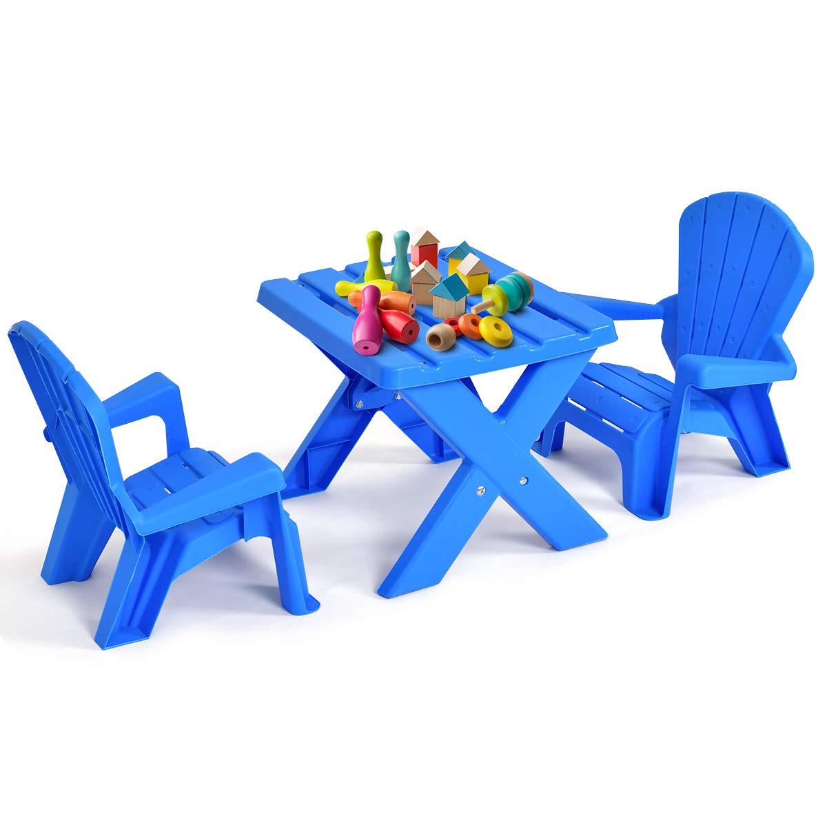 Costzon Kids Table and Chair Set, Outdoor Toddler Activity Table and Adirondack Chairs for Picnic, Garden, Patio, Backyard & Beach, Kids Outdoor Table and Chair Set (Blue)