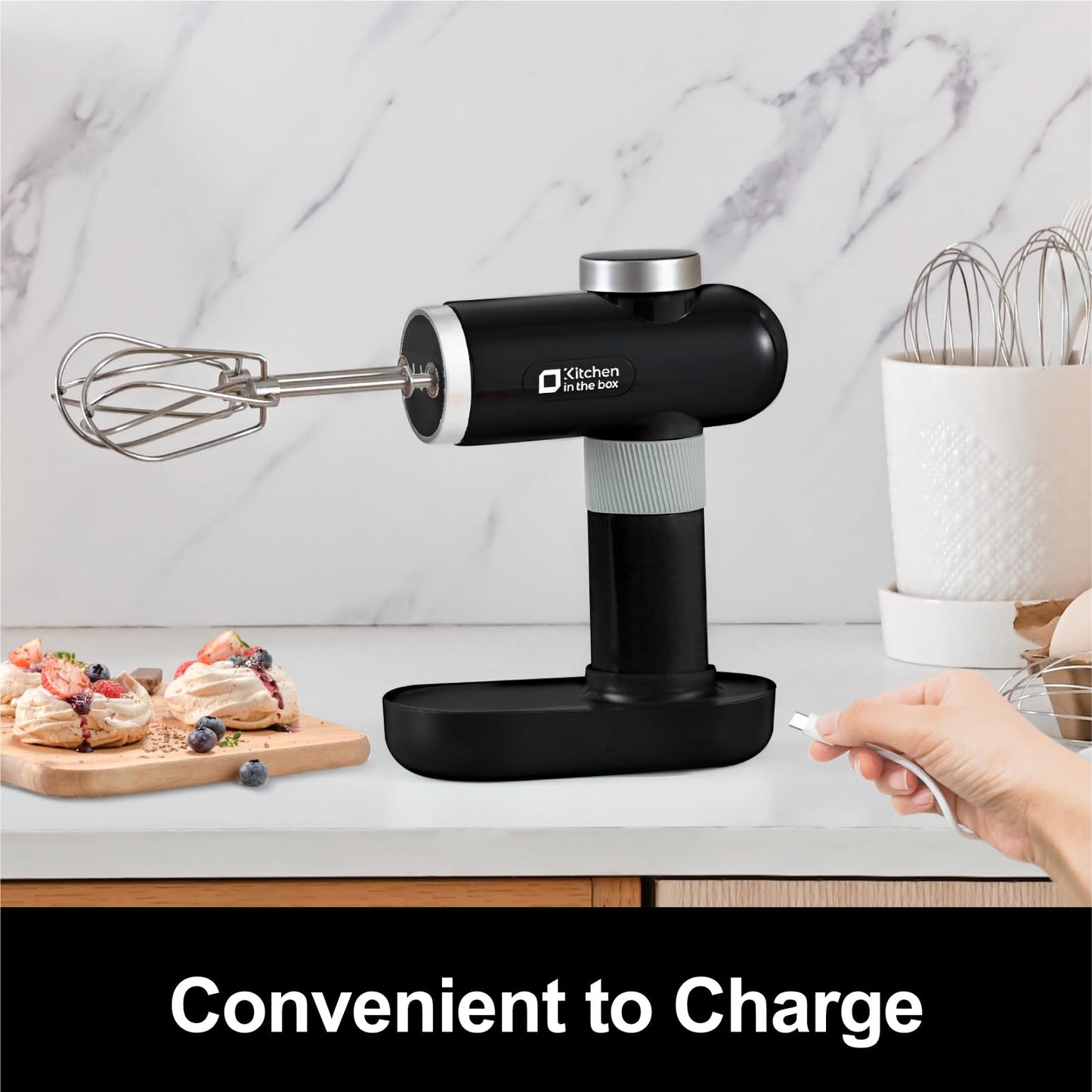 Kitchen in the box Cordless Hand Mixer, 6 Speed Dial Control Portable Electric Handheld Mixer with Beaters, Whisks, Charging Base and USB-C Charge Cable, Digital Display (Classic Black)