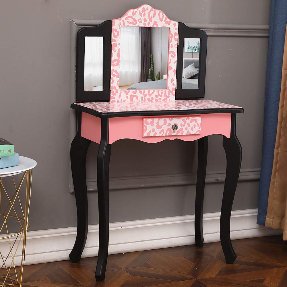 Kids Vanity Table and Chair Set, Girls Vanity Set with Mirror and Stool, Tri-Folding Mirror, Makeup Dressing Princess Table with Drawer, Kids Vanity Set with Mirror (Black & Pink)