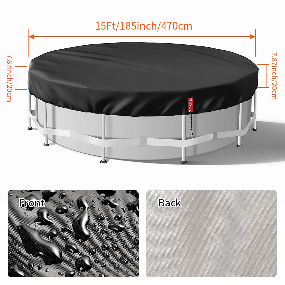 VniYors 15 Ft Round Pool Cover, Hot Tub Cover, Solar Pool Covers for Above Ground Pools, Heavy-Duty Waterproof Dustproof Pool Solar Cover with Drawstring and Ground Nails（Black）
