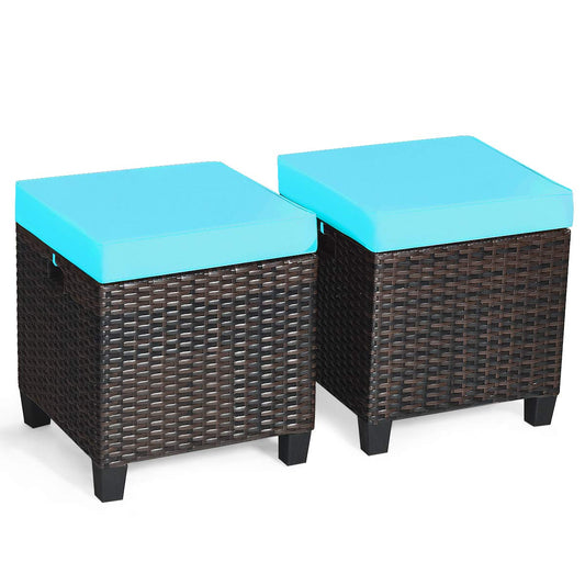 Tangkula 2 Pieces Outdoor Patio Ottoman, All Weather Rattan Wicker Ottoman Seat, Patio Rattan Furniture, Outdoor Footstool Footrest Seat w/Removable Cushions (Turquoise)