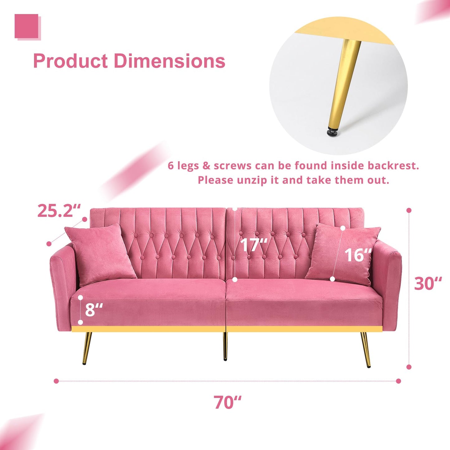 ACMEASE 70” Velvet Futon Sofa Bed with 2 Pillows and Adjustable Armrests, Convertible Sleeper Bed, Modern Loveseat for Living Room, Bedroom, Pink