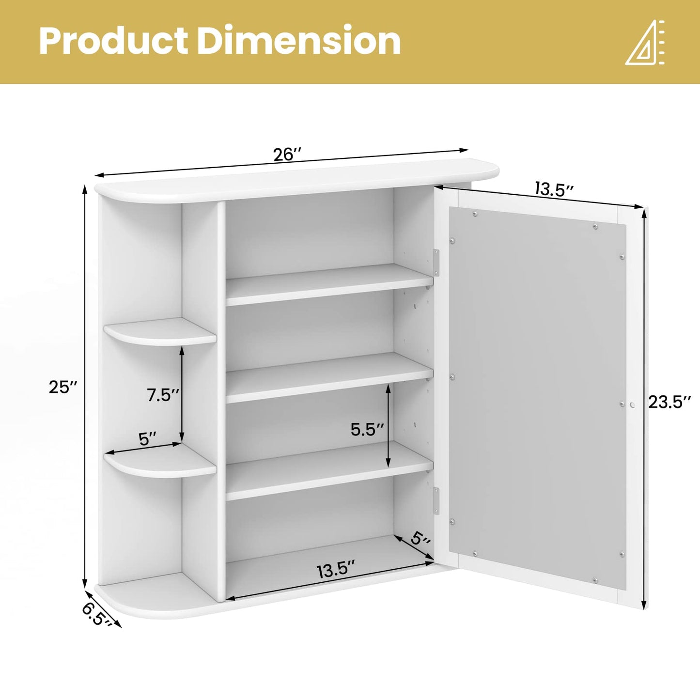 Tangkula Bathroom Medicine Cabinet with Mirror, Wall Mounted Bathroom Storage Cabinet w/Mirror Door & 6 Open Shelves, Adjustable Shelves, Mirrored Bathroom Wall Cabinet (White)