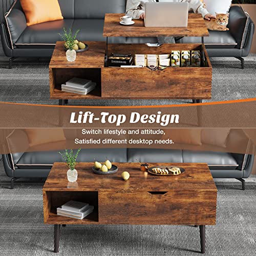 Sweetcrispy Coffee Table Brown, Lift Top Coffee Tables for Living Room, Small Rising Wooden Dining Center Tables with Storage Shelf and Hidden