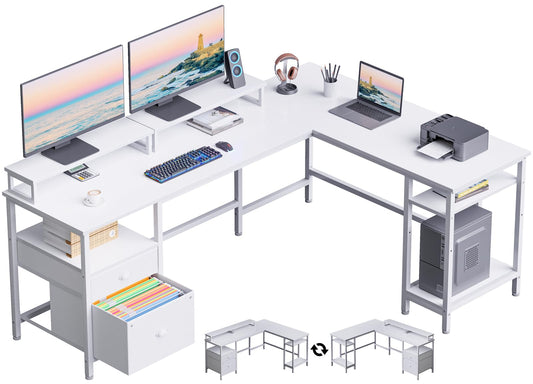 Furologee White 66" L Shaped Desk with Shelves, Reversible Corner Computer Desk with File Drawer & Dual Monitor Stand, Large Home Office Desk Writing Study Gaming Table Workstation