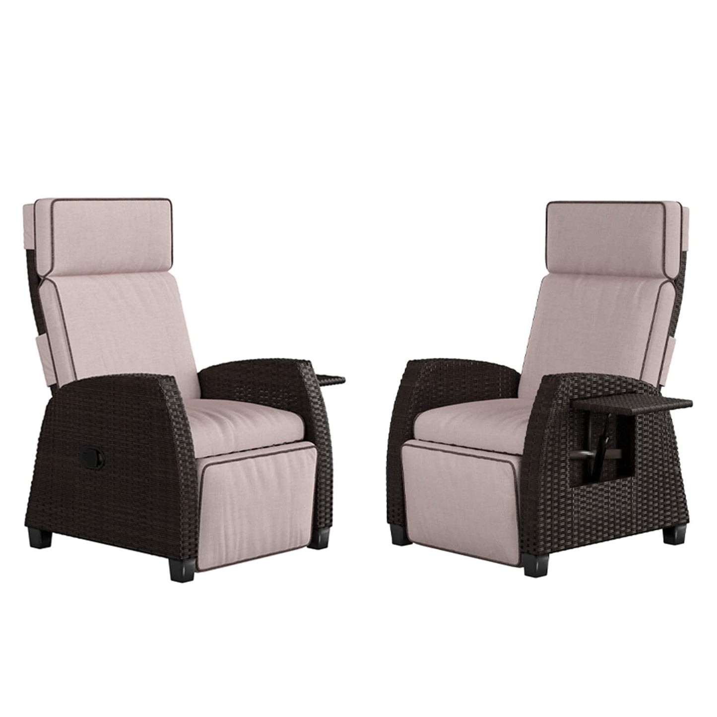 Grand patio Outdoor Recliners Set of 2 Patio Recliner Chair Wicker Lay Flat Reclining Patio Chairs Flip-up Side Table Recliner Chair Flax