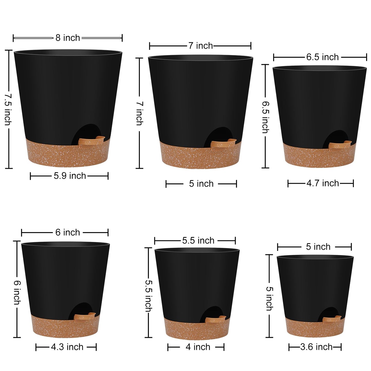 YNNICO Indoor Self Watering Planters with Drainage Holes and Saucers, 8, 7, 6.5, 6, 5.5, 5 Inches, Black, 6 Pots