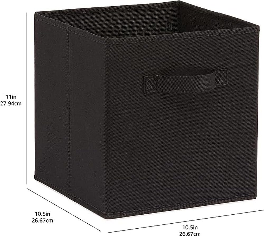 Amazon Basics Collapsible Fabric Storage Cubes Organizer with Handles, 10.5"x10.5"x11", Black - Pack of 6