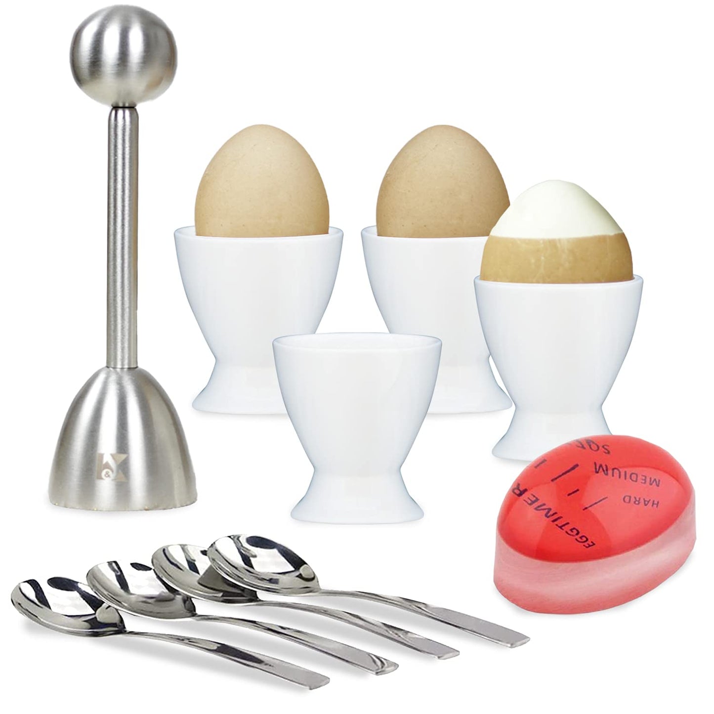 Elegant Egg Cups & Cracker Set | Set of 4 Ceramic Egg Holders + 4 SS Spoons + 1 Egg Topper-Vibration Tool Opener For Hard & Soft Boiled Egg, Multipurpose Mini Dishes- With Bonus! Beautiful Storage Box