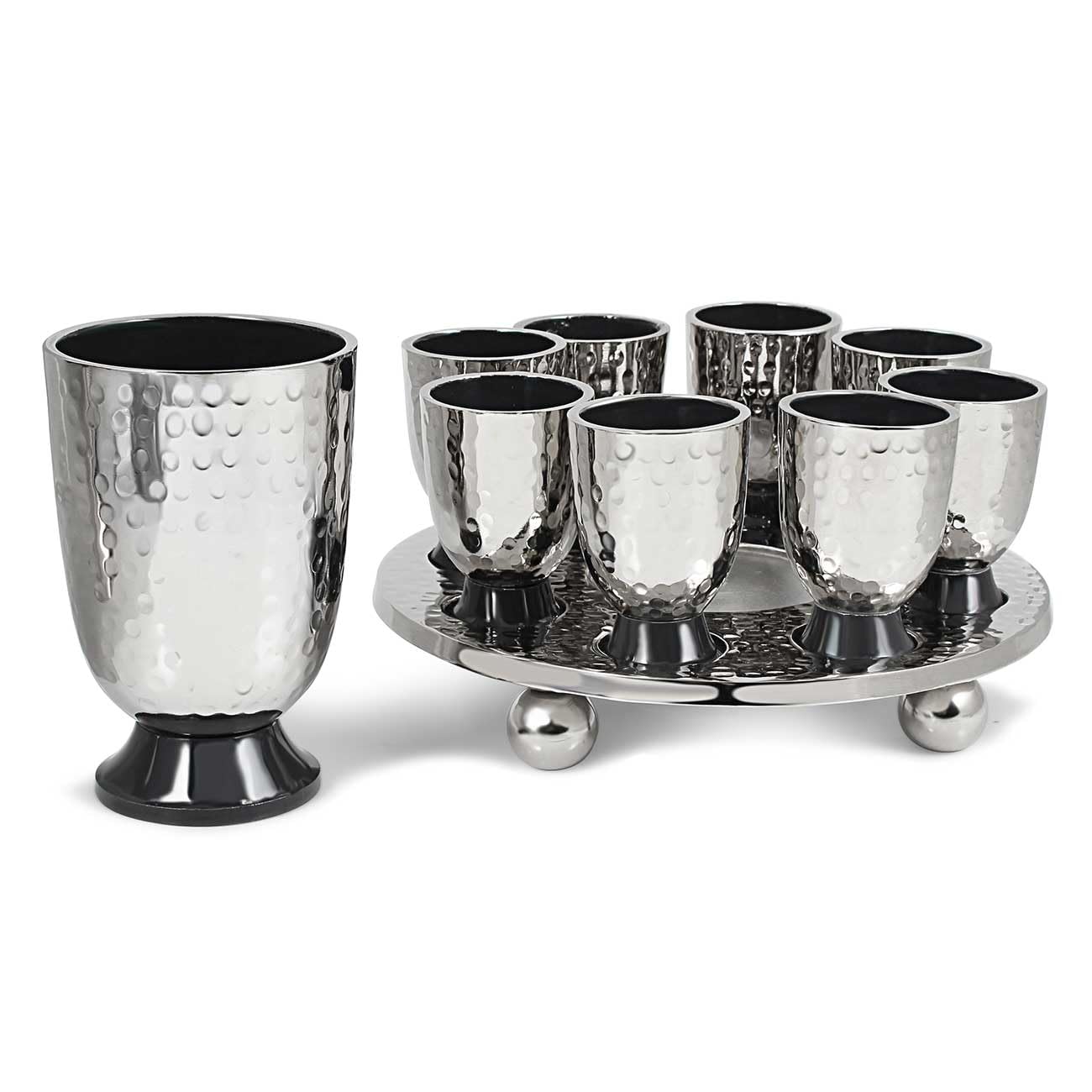 Elegant Display Kiddush Cup Wine Fountain Set - Hammered Metal with Enamel Detailing - Large Goblet, 8 Matching Shot Cups for Shabbat, Passover, Yom Tov, Wedding Gifts by Zion Judaica (Grey)