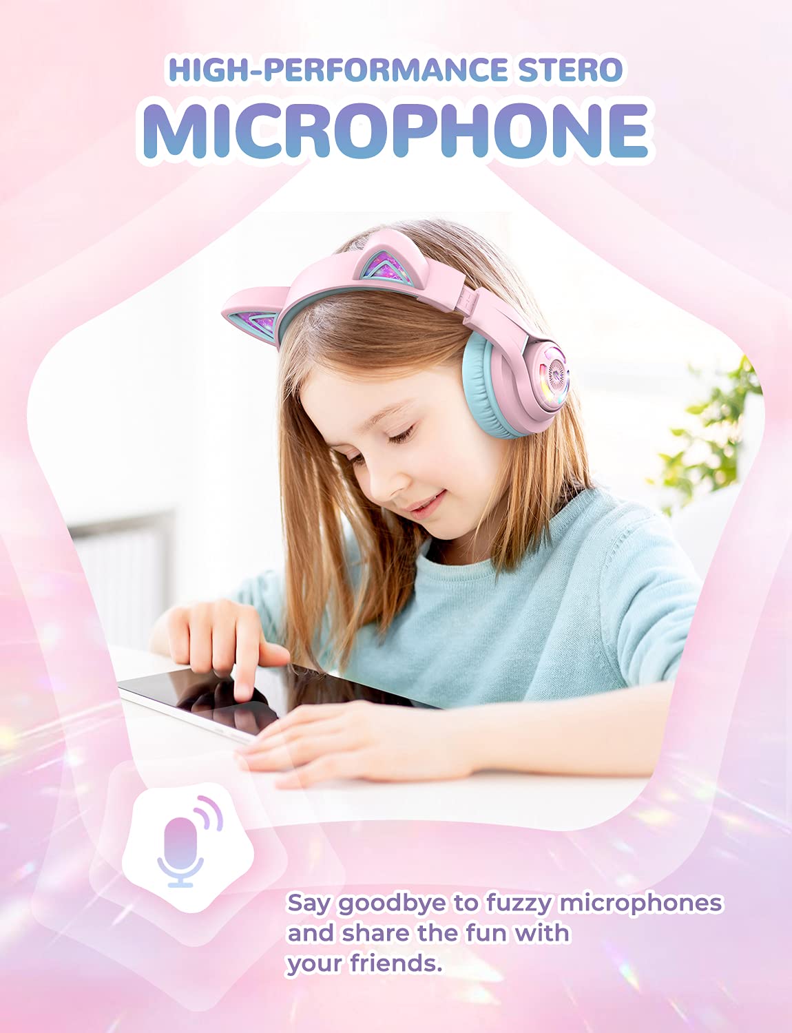 iClever Cat Ear Kids Bluetooth Headphones, LED Lights Up, 74/85dBA Safe Volume Limited, 50H Playtime,Bluetooth 5.2, USB C, Kids Headphones Wireless for Travel iPad Tablet, Meow Macaron Pink