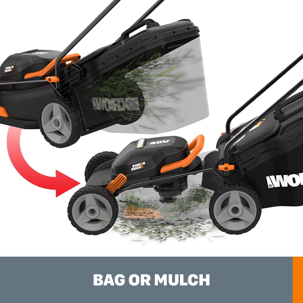 Worx 40V 17" Cordless Lawn Mower for Small Yards, 2-in-1 Battery Lawn Mower Cuts Quiet, Compact & Lightweight Push Lawn Mower with 7-Position Height Adjustment – 2 Batteries & Charger Included