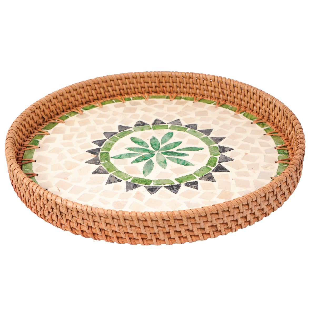 AN68 11.8 inches Round Rattan Serving Tray with Mother of Pearl Inlay, Home Decorative Wicker Basket for Table Decor, Kitchen, Bathroom and Display of Coffee, Bread, Food & Fruit (Sun)