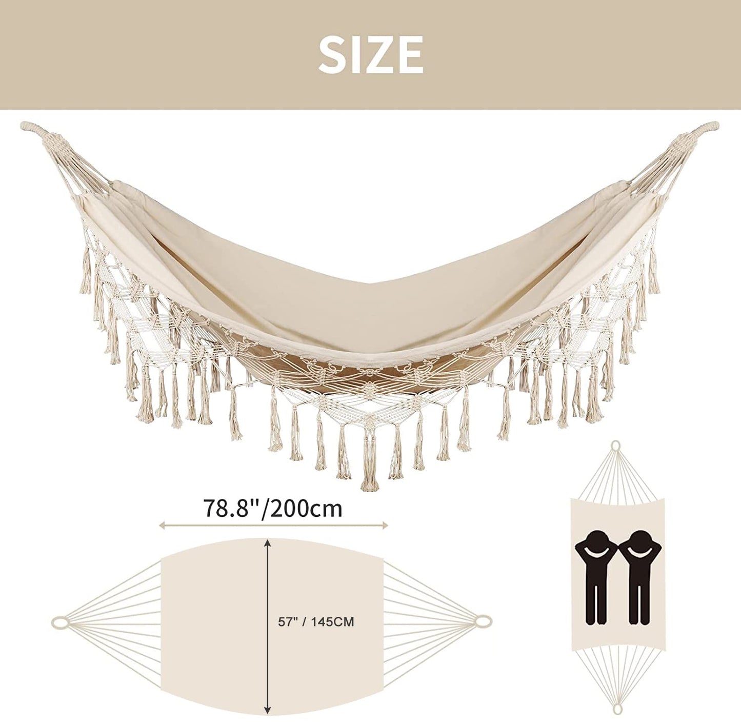 Bellzacasa Double Hammock, Heavy Duty 500 lb Load Capacity Tassels and Fishtail Knitting with Mounting Straps for Outdoor Camping Patio Balcony Beige