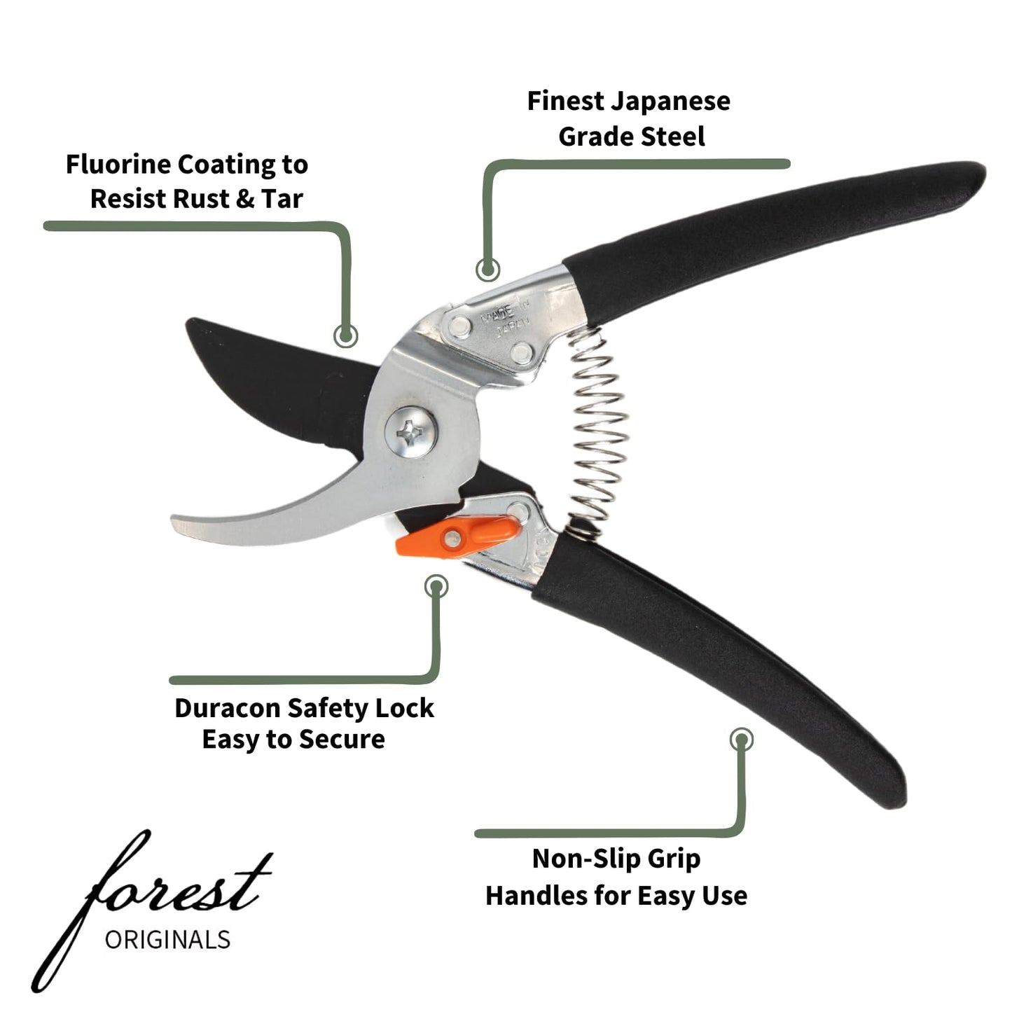 Saboten 7.9" Japanese Pruning Shears - forest Originals, Premium Steel Blades, Made in Japan, Rust Resistant, Gardening Scissors with Duracon Safety Lock