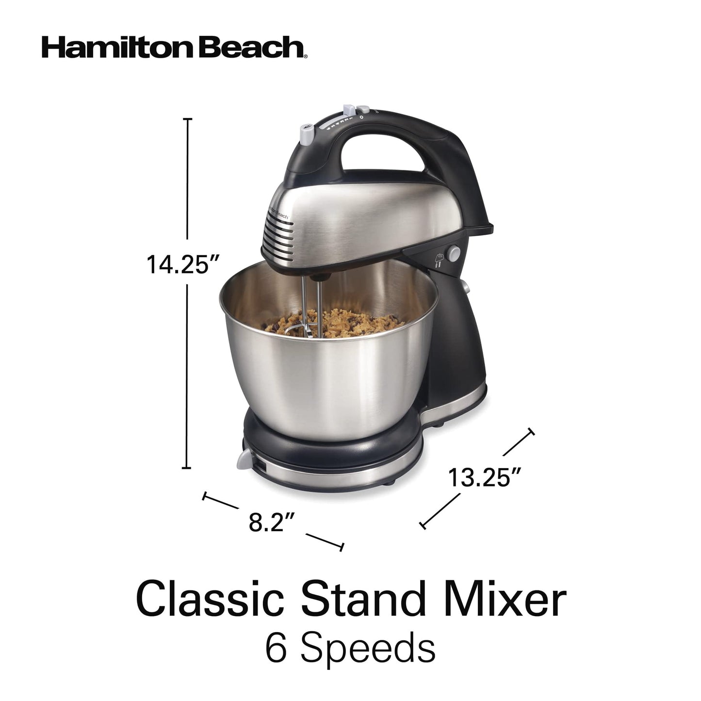 Hamilton Beach Classic Stand and Hand Mixer, 4 Quarts, 6 Speeds with QuickBurst, Bowl Rest, 290 Watts Peak Power, Black and Stainless