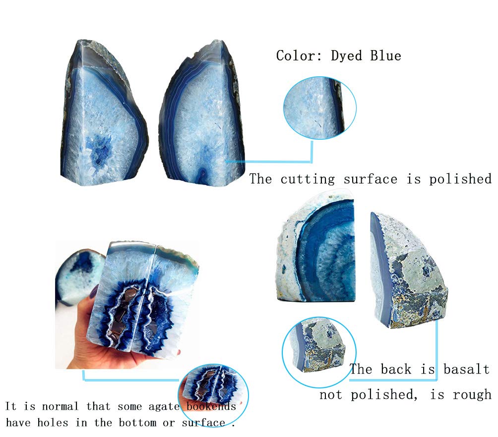 JIC Gem Blue Agate Bookends Geode Book Ends for Shelves Decorative Crystal Bookends Heavy Duty Bookend Bookshelf Decor with Rubber Bumpers(1 Pair, 3-4 LBS)