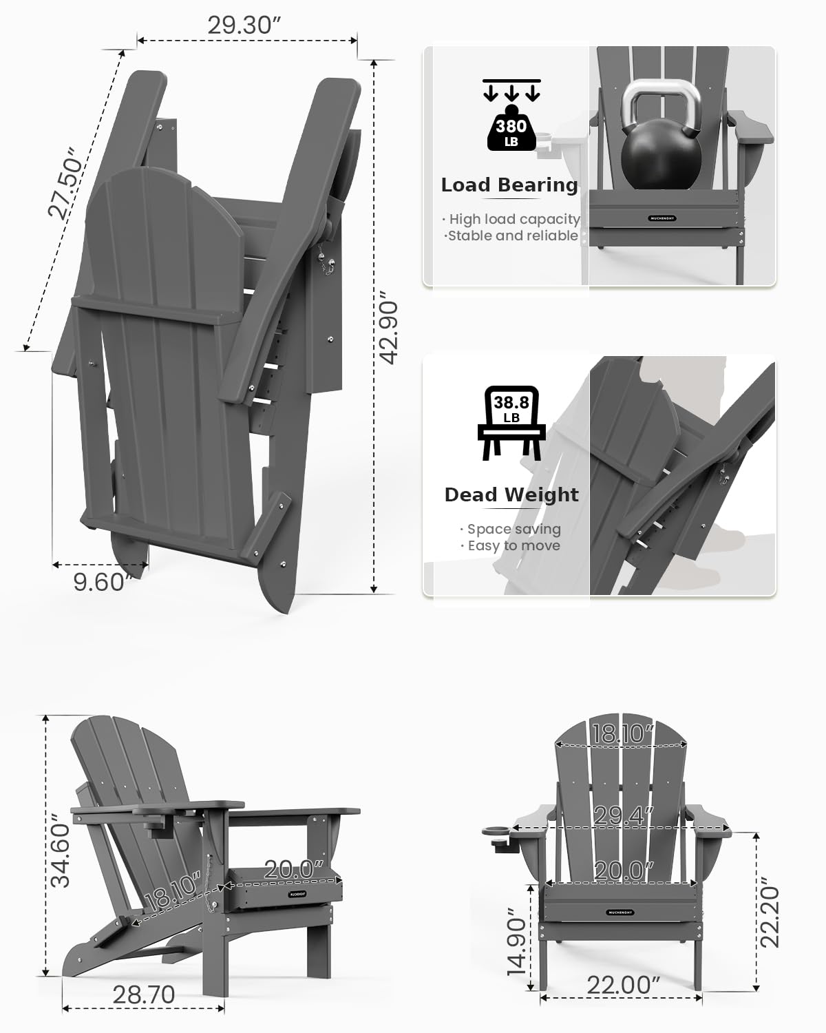 MUCHENGHY Folding Adirondack Chairs HDPE Weather Resistant, Patio Firepit Chairs, Sturdy Outside Chairs, Lawn Chairs, 15min Assembly 380lb Grey