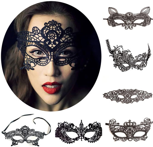 IVYRISE Black Lace Eye Mask for Women, 6Sets Sexy Masquerades Lace Eye Mask Venetian Lace Costume Decoration Party Ball Lingerie Cosplay Carnival Prom Eye-mask Accessories, Large