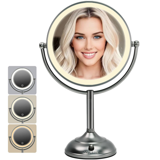 VESAUR 8.5" Unique Black Nickel Lighted Makeup Mirror, 1X/10X HD Undistorted Magnifying Mirror with 3 Color Light, 80 Eye-Care LED Lights Dimmable, 360°Swivel Seamless Glass Vanity Mirror, Gift Box