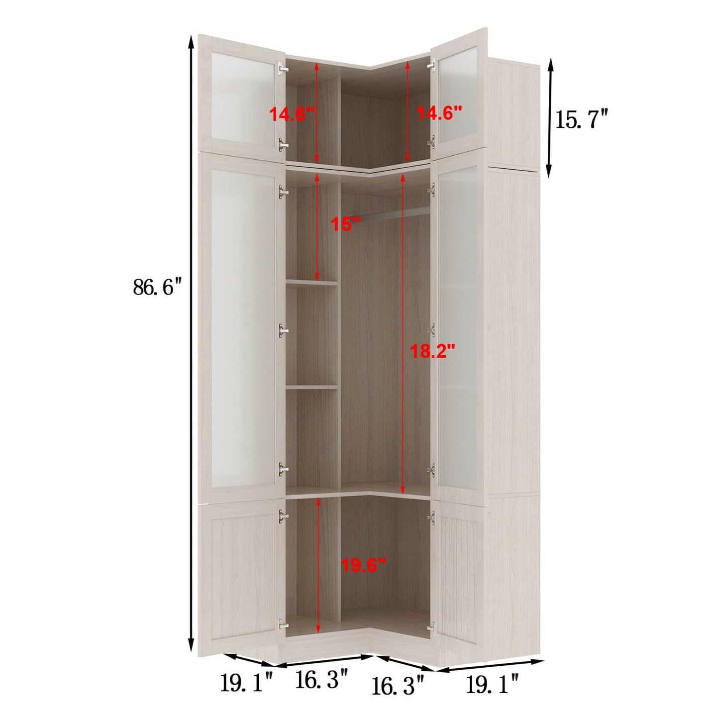 TAMUNE L-Shape Wardrobe Armoire Closet with Hanging Rod & Shelf, Bedroom Armoire with Frosted Glass Doors, Top Cabinets & Gold Knobs, Wood Grain, 35.4”D x 35.4”W x 86.6”H