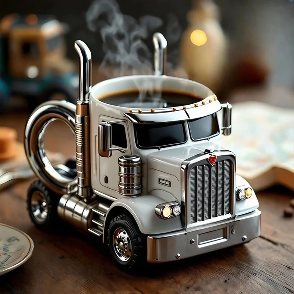 Semi-Truck Coffee Mugs,Handcrafted Truck Coffee Mug,Stainless Steel Creative Truck Coffee Cup,Unique Semi Truck Shaped Mug Gifts For Coffee And Truck Lovers,Truck Driver (Yellow)